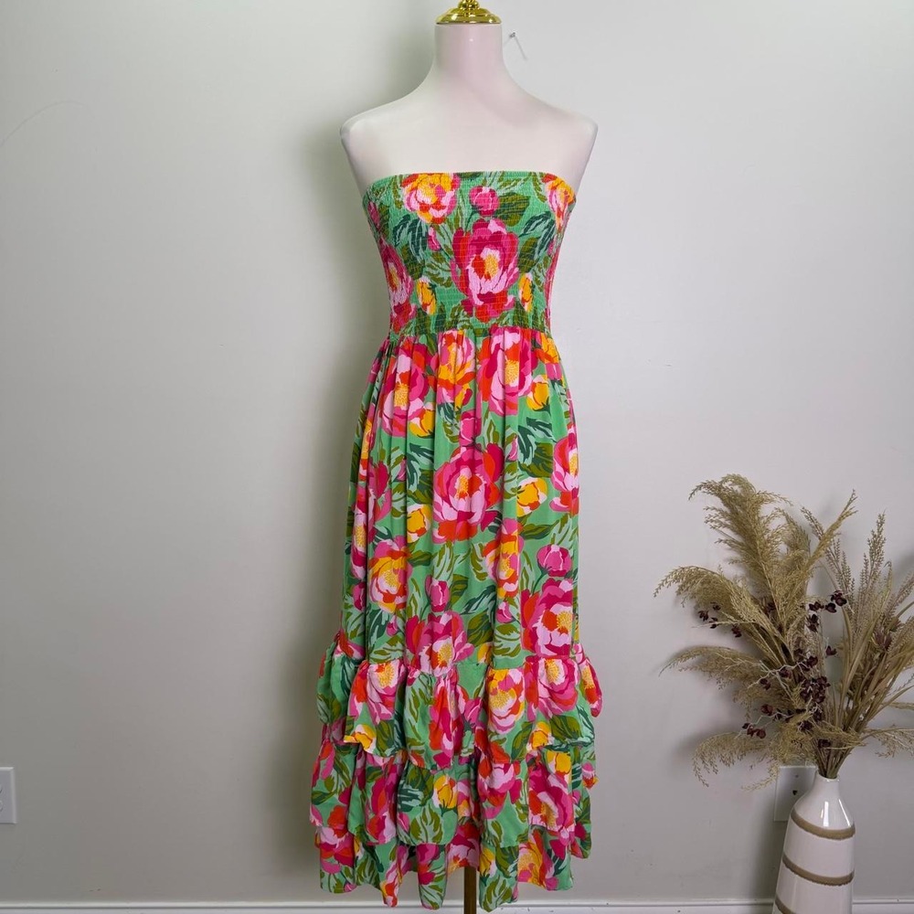 Abel the Label Anthropologie Size S Tropical Floral Strapless Smocked Midi Dress